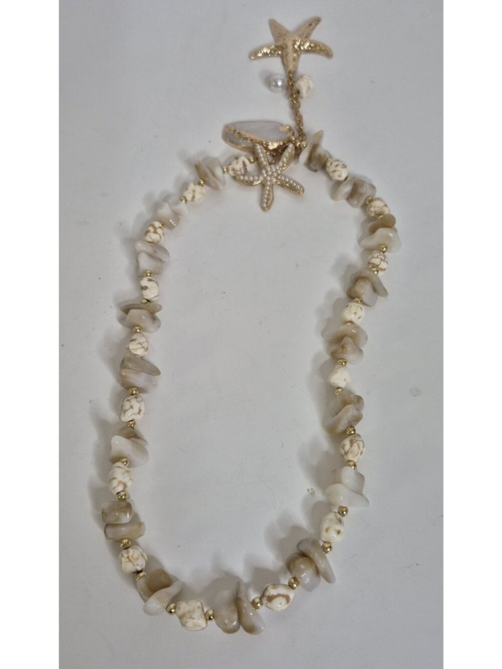 White Beaded Stones And Delicate Gold-Accented Starfish Charms 20" NEW